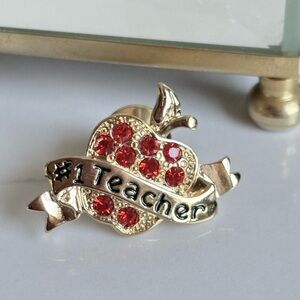Vintage #1 Teacher Apple Brooch Gold Tone Red Rhinestones NIB Gift